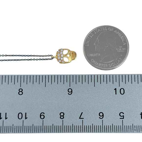 Sterling Silver 925 Gold Tone Crystal Accent Skull Pendant Necklace 15.5"-17.5" - Picture 5 of 5